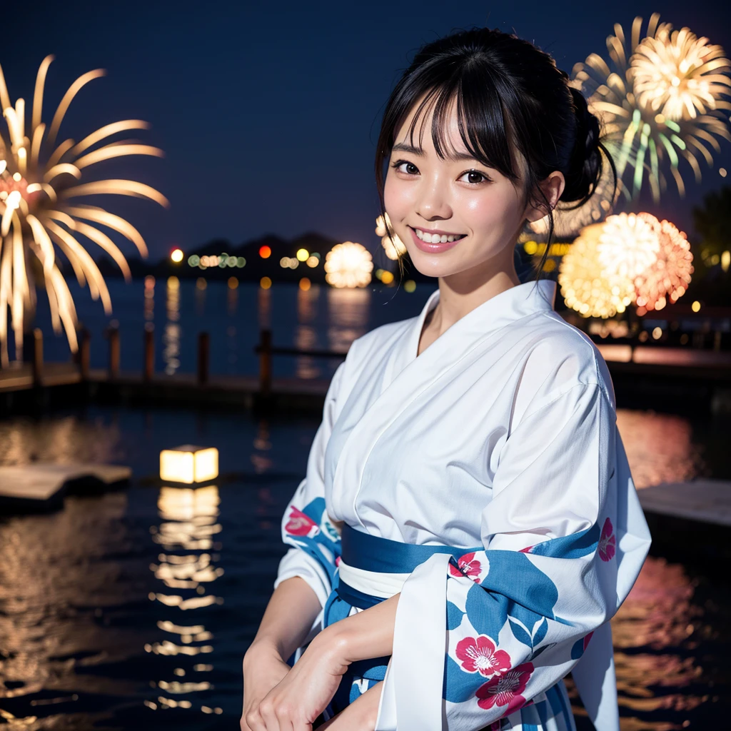 high quality,master piece,by famous artist,a girl, one girl,solo focus,alone,4K,8K,raw photo,fukk body,Very detailed,Japanese women,23 years old,Yukata,Hair tied up,clear,Calm,seems kind,nice smile,smile,teeth,cute,The background is the fireworks venue,Fireworks are going off,night,one girl