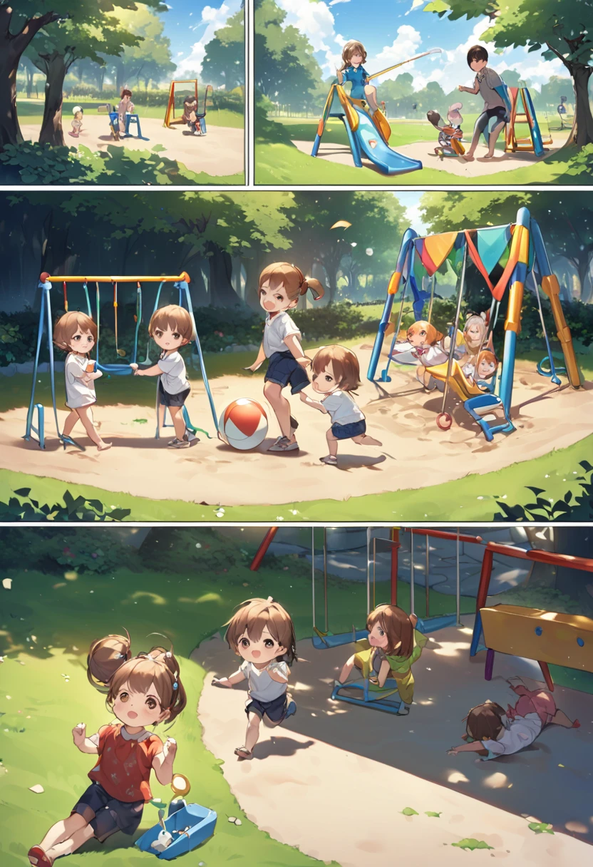 # theme:
- Children playing in the park
# Constraints:
- There are more than five children playing together. - There are playground equipment in the park. - The weather is sunny.
# Prerequisites:
- The park is open during the day - children are under parental supervision
# rule:
- Children play using the playground equipment. - Children play together. - Children take care not to get hurt.
# variable:
- Age of child:〜Age 10 - Type of play equipment:Swing、Slide、Jungle Gym - How to play:Running around with friends、Playing in the sandbox、Considering the above conditions for playing with a ball、Create a realistic scene of kids playing in the park。
