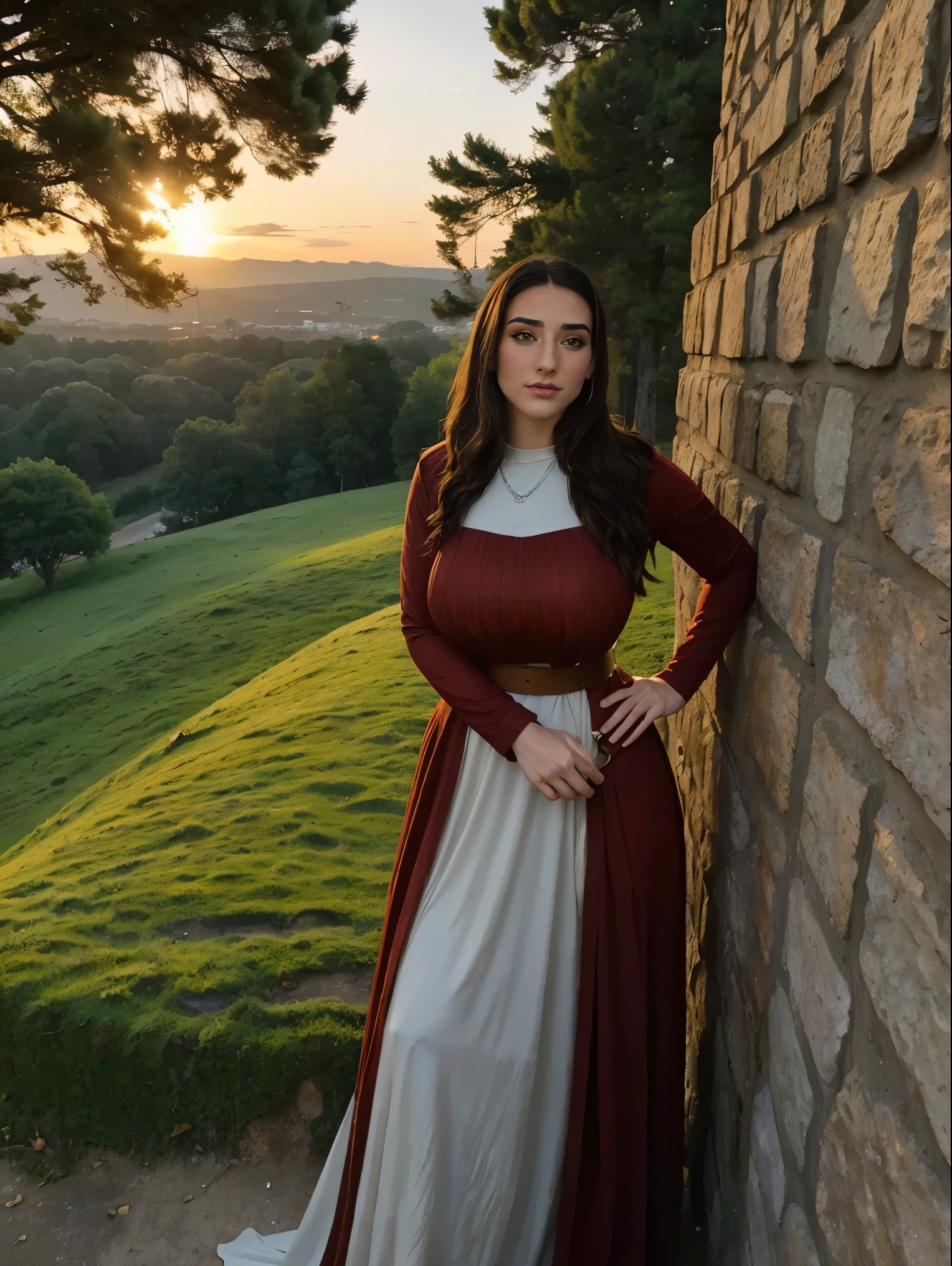 Gorgeous and sultry busty athletic (thin) brunette queen with sharp facial features wearing a modest updo, dark red medieval dress, long sleeves, intricate patterns, scrollwork, wide neck, crown, veil, long dress, modest dress, tight bodice, silver belt, (waist chain), medieval jewelry, Middle Ages, castle, rampart, wall, exterior, on top of a castle wall, trees, countryside, evening, sunset.