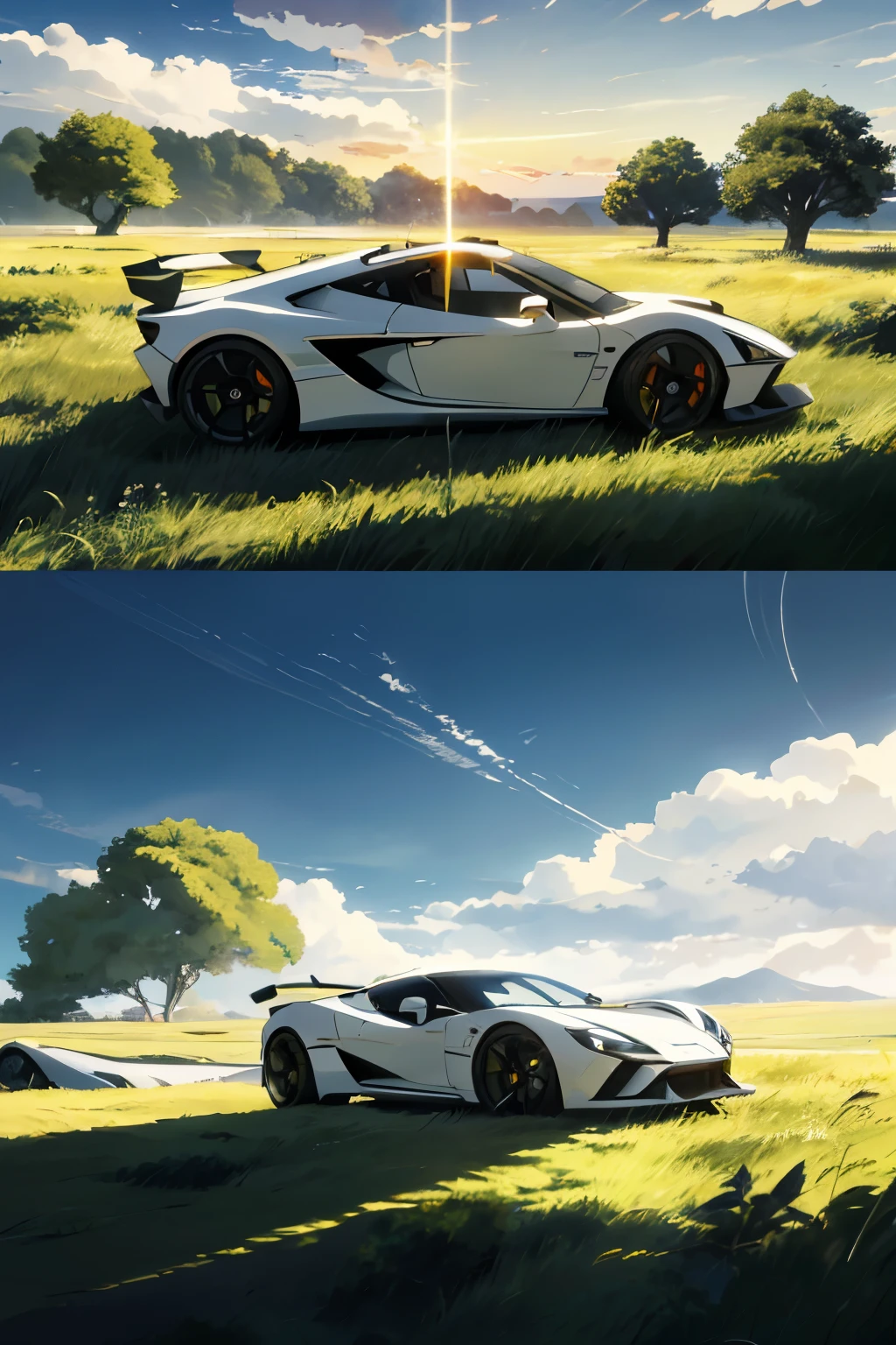 Anime Landscape: A Pearly-White Hyper Car Prototype in a Field of Tall Grass with a Sunset Backdrop
1.1 (beautiful anime scene): The anime landscape features a pearl-super Polar white color hyper car prototype elegantly resting in a vast field of tall, swaying grass. With the setting sun casting warm hues across the sky, the peaceful scene is a visual masterpiece.
1.2 (beautiful anime peace scene): Makoto Shinkai and Cyril Rolando portray an enchanting anime peace scene of a hyper car prototype in a sunlit Polar white field of tall grass, painting a tranquil tableau that invites