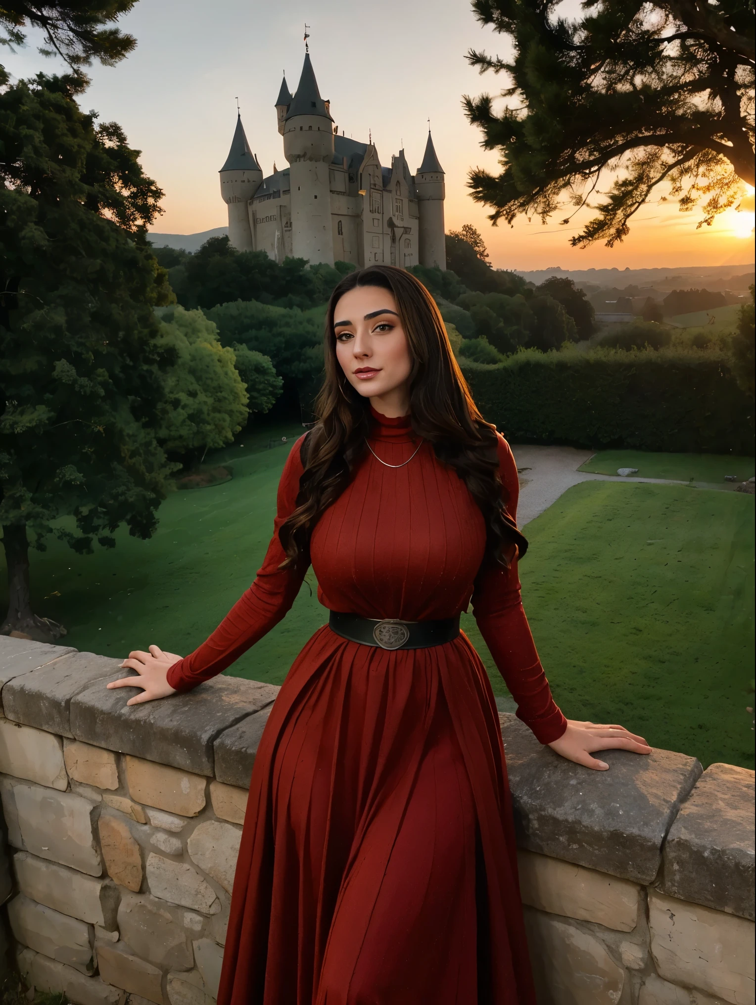 Gorgeous and sultry busty athletic (thin) brunette queen with sharp facial features wearing a modest updo, dark red medieval dress, long sleeves, intricate patterns, scrollwork, wide neck, crown, veil, long dress, modest dress, tight bodice, silver belt, (waist chain), medieval jewelry, Middle Ages, castle, rampart, wall, exterior, on top of a castle wall, trees, countryside, evening, sunset.