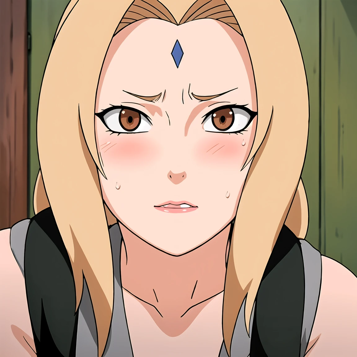 Tsunade , Brown eyes , Blonde Hair , Forehead Mark , (8K, RAW photos, best quality, masterpiece:1.2), (Intricate details), Perfect eyes, Perfect face, Perfect lighting, beautiful, (masterpiece:1.2), (best quality:1.2), 1 Girl, White shirt , Denim shorts ,  ,（（blush，nervous，Vision，classroom，bookshelf，sit on the chair，））masterpiece， absurd ， （Intricate details）， （Colorful）， light， Extremely detailed CG unity 8k wallpaper ，1 Girl， solo，（shy，classroom，night，blush，nervous，Sweating，蕾丝dress， ），sweat，blush，blush1.5，Blush，Medium chest，（（dress，Black stockings，）），（dress，Lying in bed，Uncomfortable expression，Mouth open，spit）