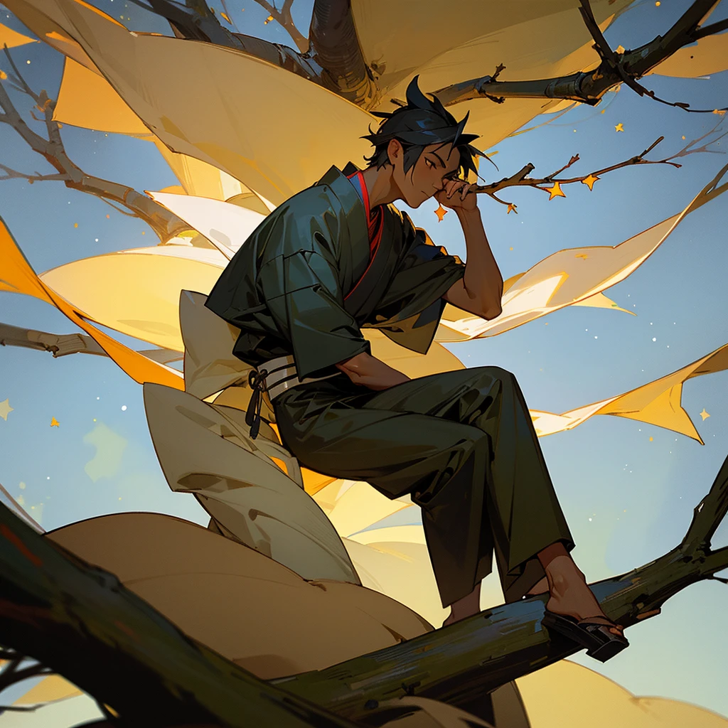 Dark-skinned samurai man sitting alone drinking tea alone in a tree over the dark, starry night sky