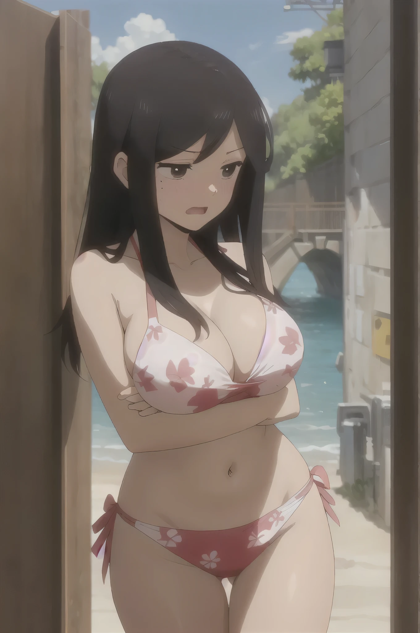 best quality, (masterpiece:1.2), detailed, perfect face, beautiful face, Touko, 1girl, mole under eye, mole, solo, black hair, beach, open mouth, sidelocks, white shirt, breasts, large breasts, long hair, medium hair, bikini, hot, dynamic pose, embarrassed expression, shy expression, closed mouth, hiding her breast, touching her breast, shy, closed mouth, hot, big thighs, big breast, dynamic pose, she is stripping, she is showing her breast, she is grabbing her breast, she is touching her breast, she is holding her breast