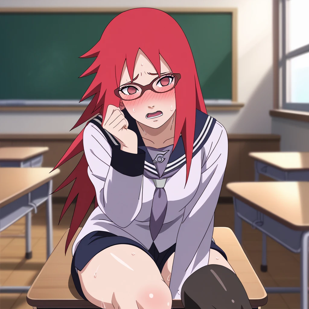 Red hair, 1 Girl, Glasses, Long hair, Red Eyes, Solitary, Sailor Suit, Black over-the-knee stockings, Black shorts, Umbilical cord, Looking at the audience,No students, Japanese cartoons screencap, Japanese cartoons coloring,src_Japanese cartoons,Naruto \(series\), Naruto shippuuden,((blush,nervous,Vision,classroom,bookshelf,sit on the chair,))masterpiece, absurd , (Intricate details), (Colorful), light, Extremely detailed CG unity 8k wallpaper ,1 Girl, solo,(shy,classroom,night,blush,nervous,Sweating,蕾丝dress, ),sweat,blush,blush1.5,Blush,Medium chest,((dress,Black stockings,)),(dress,Lying in bed,Uncomfortable expression,Mouth open,spit)