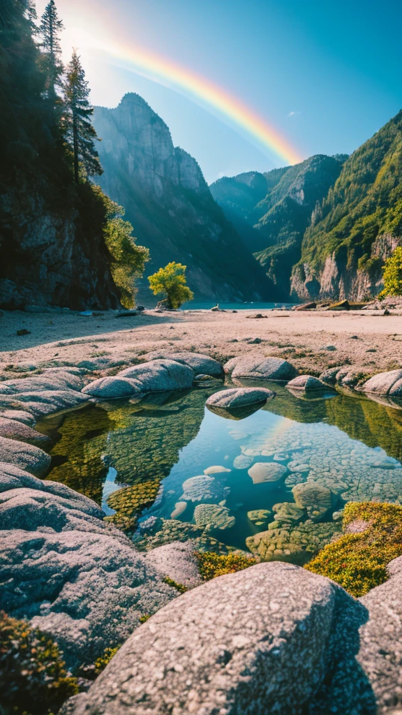 there is a rainbow in the sky over a beach with rocks and pebbles, seashore, Alpine Forest Landscape Photo，Steep mountain roads，Clear and transparent lake，wood，Bushes，Fallen leaves，Dawn Sun，Kasumi，Cliffs and mountains，Dilapidated，Lonely，cold，Foggy sky，Not a dazzling morning sun，Nightmare vision，Dark fantasy plot，Perfect and excellent composition，8k resolution，detailed，restricted，close ultra-wide angle shot，Realistic，Beautiful sky,Colorful clouds float，True to life, The private parts are clearly visible, Perfect perfection, Digital single-lens reflex camera, 1024, 2048, 4096, detailedな, sharp, Best Quality, high quality, Absurd，Unattended background，Very detailed、detailedな照明の影，Art Station Trends、Complex、expensivedetailed、dramatic、（Volumetric Lighting：1.2）HDR shot。（close，Super Depth of Field，Ultra Wide Angle，Microfocal Lenses：1.2）（Realistic：1.4）Masterpiece、expensive、expensive品質、beautiful photo，Global illumination magical beach, sunny rainbow galaxy stormy sea, by Igor Grabar, colorful hd picure, near the seashore, rainbow reflections, just one rainbow 8 k, beach landscape, still of rainbow ophanim, calm vivid colors, by Marie Bashkirtseff, beautiful beach