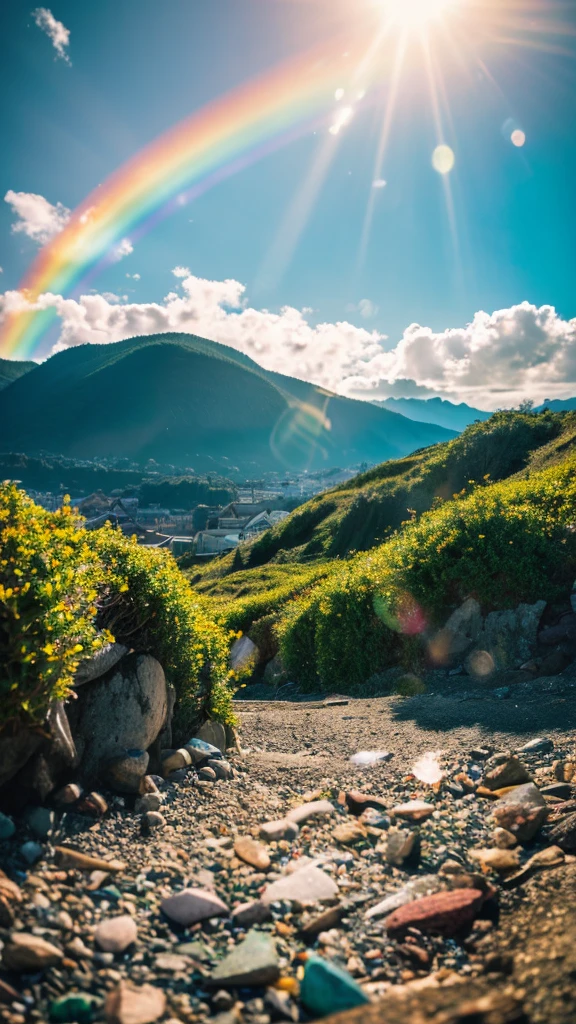 there is a rainbow in the sky over a beach with rocks and pebbles, seashore, Alpine Forest Landscape Photo，Steep mountain roads，Clear and transparent lake，wood，Bushes，Fallen leaves，Dawn Sun，Kasumi，Cliffs and mountains，Dilapidated，Lonely，cold，Foggy sky，Not a dazzling morning sun，Nightmare vision，Dark fantasy plot，Perfect and excellent composition，8k resolution，detailed，restricted，close ultra-wide angle shot，Realistic，Beautiful sky,Colorful clouds float，True to life, The private parts are clearly visible, Perfect perfection, Digital single-lens reflex camera, 1024, 2048, 4096, detailedな, sharp, Best Quality, high quality, Absurd，Unattended background，Very detailed、detailedな照明の影，Art Station Trends、Complex、expensivedetailed、dramatic、（Volumetric Lighting：1.2）HDR shot。（close，Super Depth of Field，Ultra Wide Angle，Microfocal Lenses：1.2）（Realistic：1.4）Masterpiece、expensive、expensive品質、beautiful photo，Global illumination magical beach, sunny rainbow galaxy stormy sea, by Igor Grabar, colorful hd picure, near the seashore, rainbow reflections, just one rainbow 8 k, beach landscape, still of rainbow ophanim, calm vivid colors, by Marie Bashkirtseff, beautiful beach