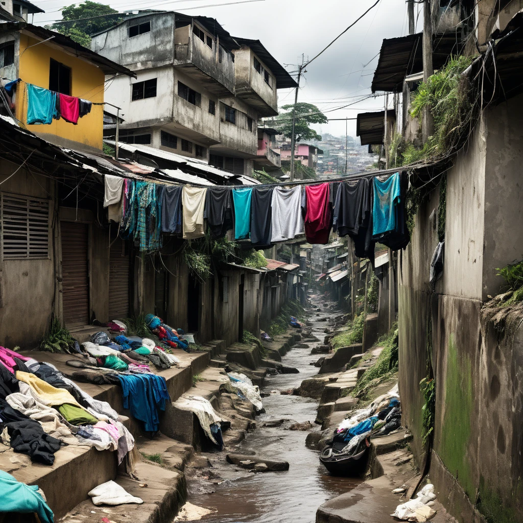 poor, sad, favela, dirty and torn clothes, stream, pocket out
