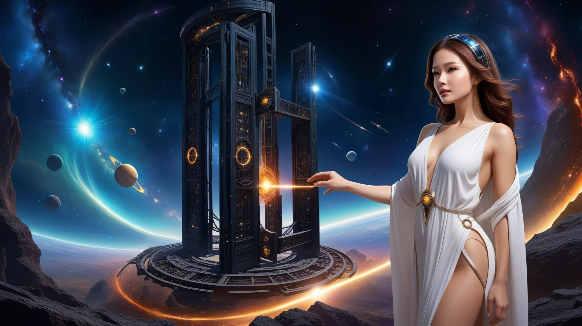 dark space of the universe, large artificial high-tech ring gate flies through space and time, cosmic light and the ancient energy of the Universe burst out from the depths of these gates and transport the viewer to other worlds, where it's light and cozy, sci-fi. (((1girl, solo, alone))), large-breast:1.2 slim body, cleavage:1.1, sexy elegant miniskirt, (((headphone, black sunglasses, standing and holding pistol pose))), (((half-body thigh level medium shot))), cinematic lighting, lens flare, ray tracing.