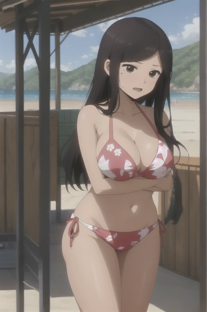 best quality, (masterpiece:1.2), detailed, perfect face, beautiful face, Touko, 1girl, mole under eye, mole, solo, black hair, beach, open mouth, sidelocks, white shirt, breasts, large breasts, long hair, medium hair, bikini, hot, dynamic pose, embarrassed expression, shy expression, closed mouth, hiding her breast, touching her breast, shy, closed mouth, hot, big thighs, big breast, dynamic pose, she is stripping, she is showing her breast, she is grabbing her breast, she is touching her breast, she is holding her breast