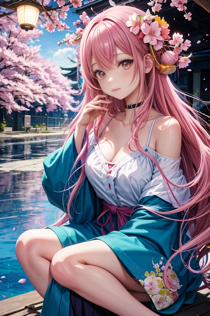 anime, one girl, colorful hair,pink hair and blue hair、 Hair is tangled, pink eyes, color、Kyoto, cherry blossoms、petal、moon, nipples are visible、sitting, alone,
