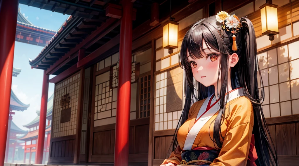 One girl, Long black hair, Brown eyes, Wearing a beautiful Japanese kimono, sacred tree, Traditional buildings, High resolution, Super sharp, 8k, masterpiece, View your viewers
