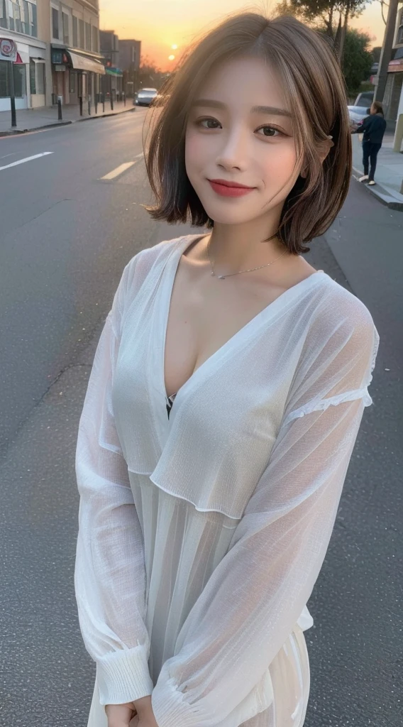 ((Highest quality, 8k, masterpiece: 1.3)), concentrated: 1.2, Perfect Body Beauty: 1.4, Butt: 1.2, ((Layered Haircut, chest: 1.2)), (Wet clothes: 1.1), (sunset, street: 1.3), Bundle Dress: 1.1, Highly detailed face and skin texture, Narrow eyes, double eyelid, Whitening skin, Long Hair, (shut up: 1.3), smile