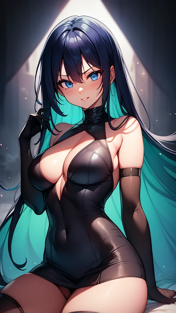 masterpiece, best quality, solo girl, full body, dark blue hair, blue eyes, long hair, medium breasts, sexy body and face, wavy hair, smile, parted lips, gradient clothes, dress, elbow gloves, sleeveless, bare shoulders, cape, boots, bracelet, sleeveless dress, ribbon, black gloves, turtleneck, short dress, pantyhose, black footwear, night, sexy pose, cowboy shots, detailed body, face, and eyes, sharp focus, vibrant, creative, dynamic, high definition, high resolution, 8k, (Upscale: R-ESRGAN 4x+ Anime6mage enchance:4x), voluptuous body, cinema lightning, dakimakura style, looking at the viewer,