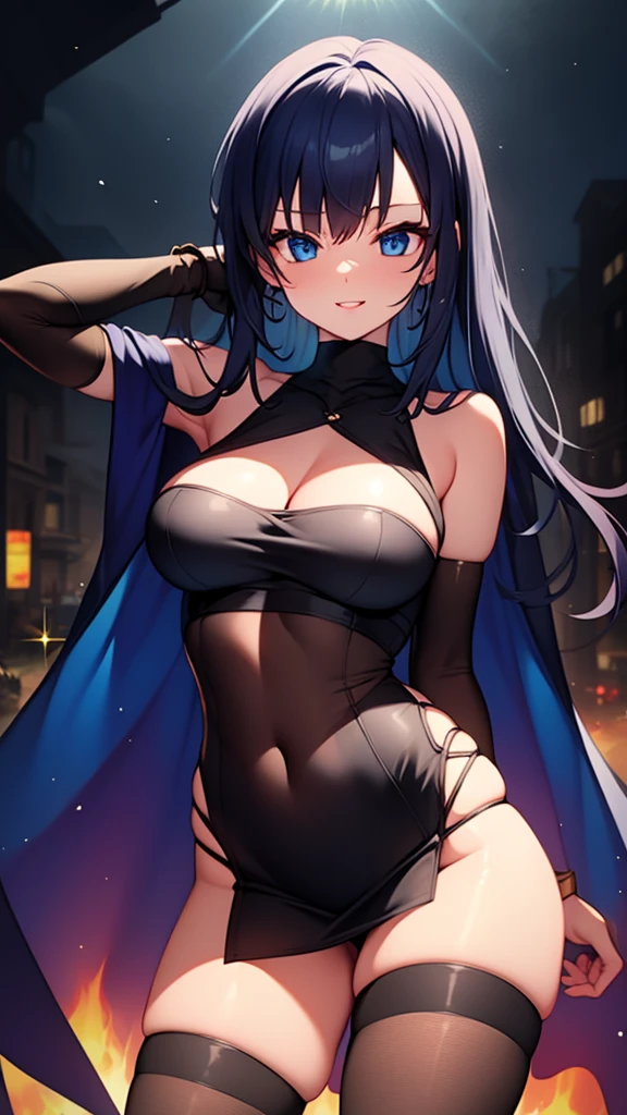 masterpiece, best quality, solo girl, full body, dark blue hair, blue eyes, long hair, medium breasts, sexy body and face, wavy hair, smile, parted lips, gradient clothes, dress, elbow gloves, sleeveless, bare shoulders, cape, boots, bracelet, sleeveless dress, ribbon, black gloves, turtleneck, short dress, pantyhose, black footwear, night, sexy pose, cowboy shots, detailed body, face, and eyes, sharp focus, vibrant, creative, dynamic, high definition, high resolution, 8k, (Upscale: R-ESRGAN 4x+ Anime6mage enchance:4x), voluptuous body, cinema lightning, dakimakura style, looking at the viewer,