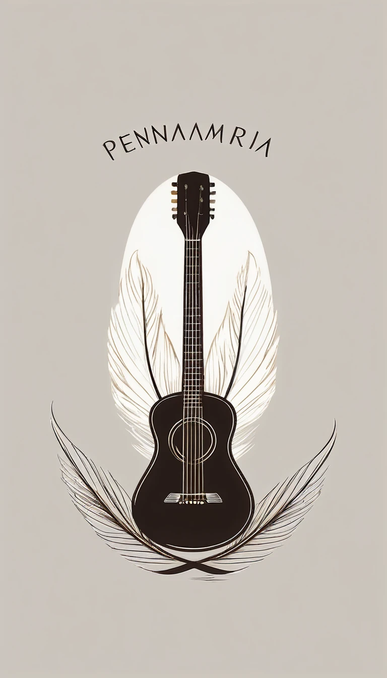 A minimal, modern, simple, cinematic logotype for the brand “Penamemoria". The logotype must be a simple, magical feather and a boy playing acoustic guitar. The logo must convey a sense of music, stories and dreams. Logo design impressed on a book cover. Minimalistic logo