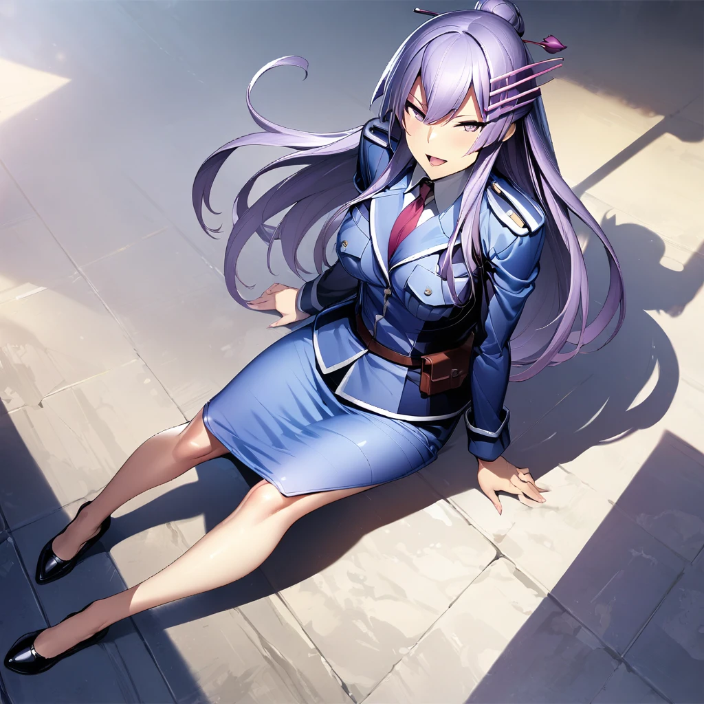 (masterpiece),(best quality),(ultra-detailed),(best illustration),(best shadow),(absurdres),(detailed background),(very aesthetic),frolaytia capistrano, 1girl, solo, long hair, purple hair, purple eyes, uniform, open mouth, seductive smile, full body