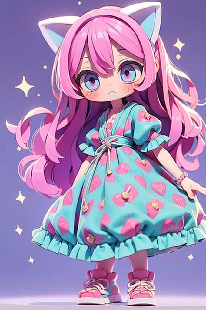 1 girl, chibi, tiny, toddler, pink hair, purple hairclips, cat ears, light skin, blue eyes, sparkle in eyes, purple pacifier, wearing strawberry pattern dress, blue flat shoes, colorful bead bracelets, 