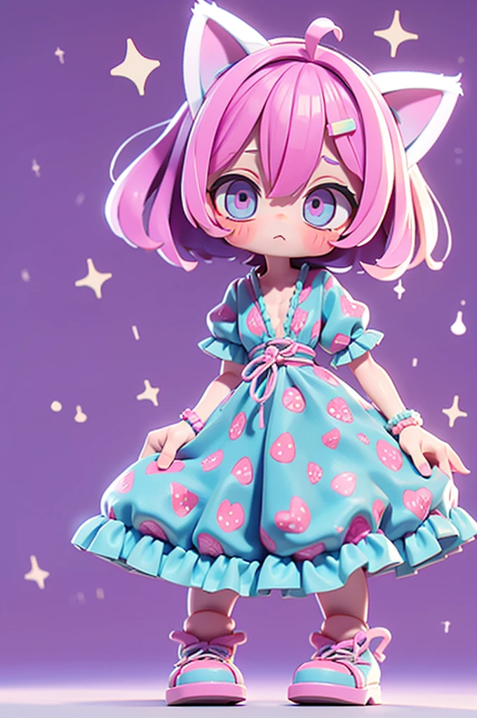 1 girl, chibi, tiny, toddler, pink hair, purple hairclips, cat ears, light skin, blue eyes, sparkle in eyes, purple pacifier, wearing strawberry pattern dress, blue flat shoes, colorful bead bracelets, 