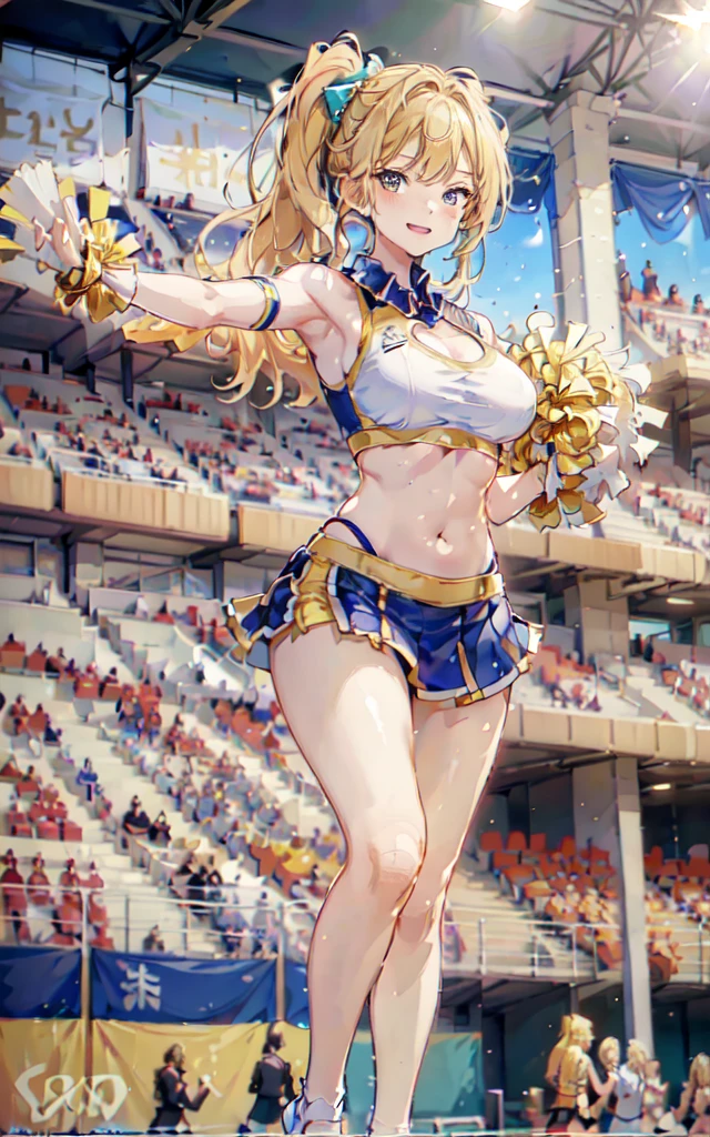 (masterpiece, top quality, best quality, official art, beautiful and aesthetic:1.2), (8k, best quality, masterpiece:1.2), (((masterpiece))), (((best quality))), (((extremely detailed))), illustration, who, (masterpiece, top quality, best quality, official art, beautiful and aesthetic:1.2), (8k, best quality, masterpiece:1.2), 1girl, wearing cheerleader outfit, holding pom poms, stadium, dancing, posing for a photo, cheering up the crowd, (((blonde hair))), twin tails, long hair, medium breasts, turquoise eyes, full body, wide hips, smile,