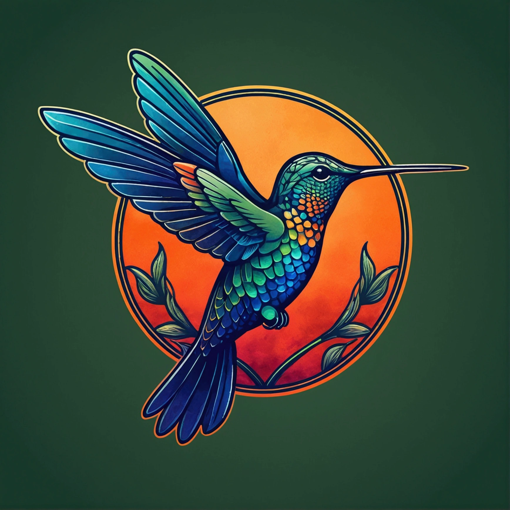 "Hummingbird" bird logo; shading and gradients, Art Nouveau, vibrant colors and synthwave. Vector design, thin lines, central composition, smooth background, 1:1 air. Tetradic palettes (Dark Blue, Orange, Red , Olive Green), Watercolor logo style with print effect, puff printig. monochrome background, by yukisakura, with original and amazing colors."