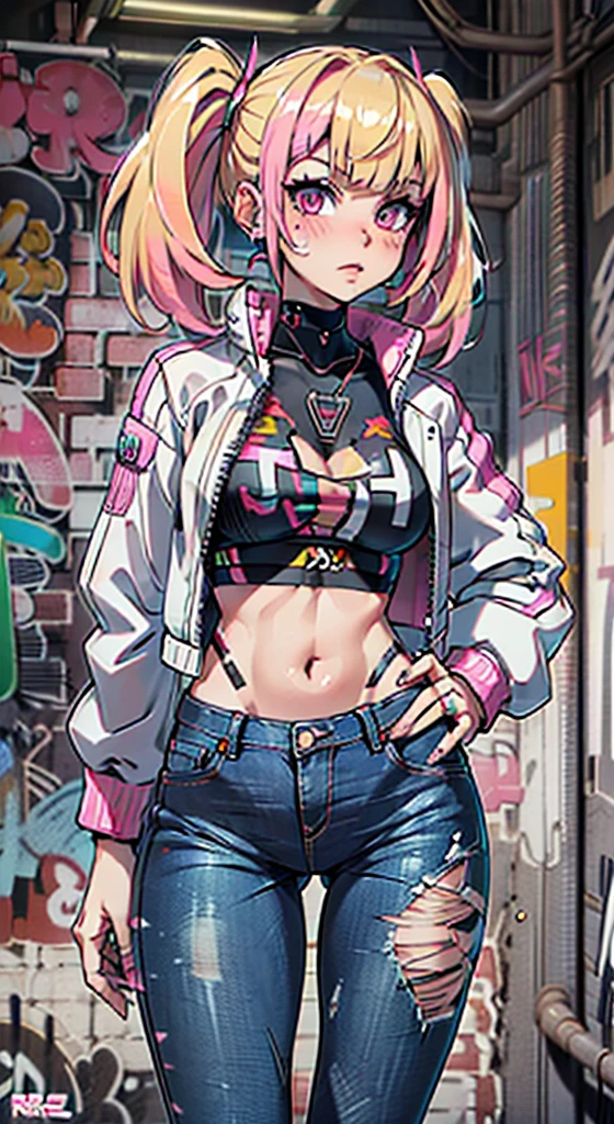 8K,Ultra Detail,ultra-quality,ultra precision,ultimate masterpiece,GAL,big ,big Thigh,white leather jacket,jeans,twin tail(blond&pink mix),cool Graffiti on the wall,Cyber punk street,