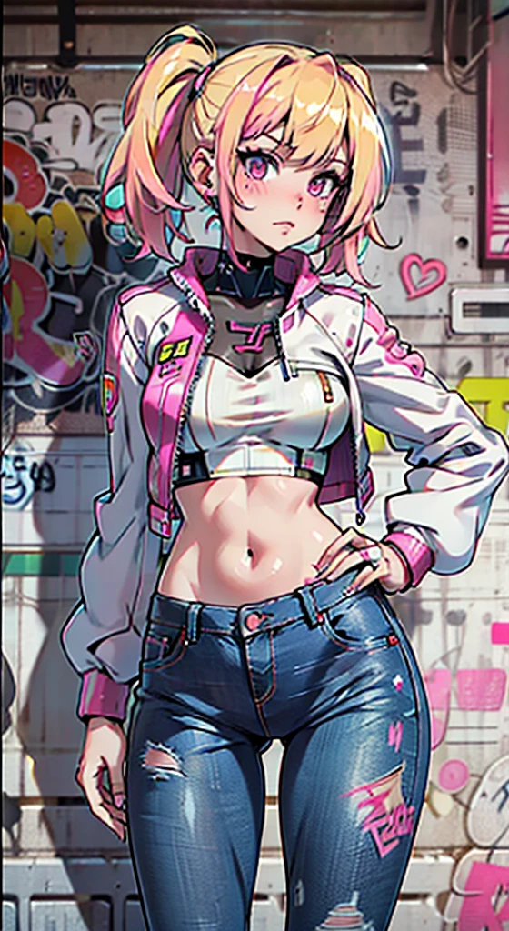 8K,Ultra Detail,ultra-quality,ultra precision,ultimate masterpiece,GAL,big ,big Thigh,white leather jacket,jeans,twin tail(blond&pink mix),cool Graffiti on the wall,Cyber punk street,