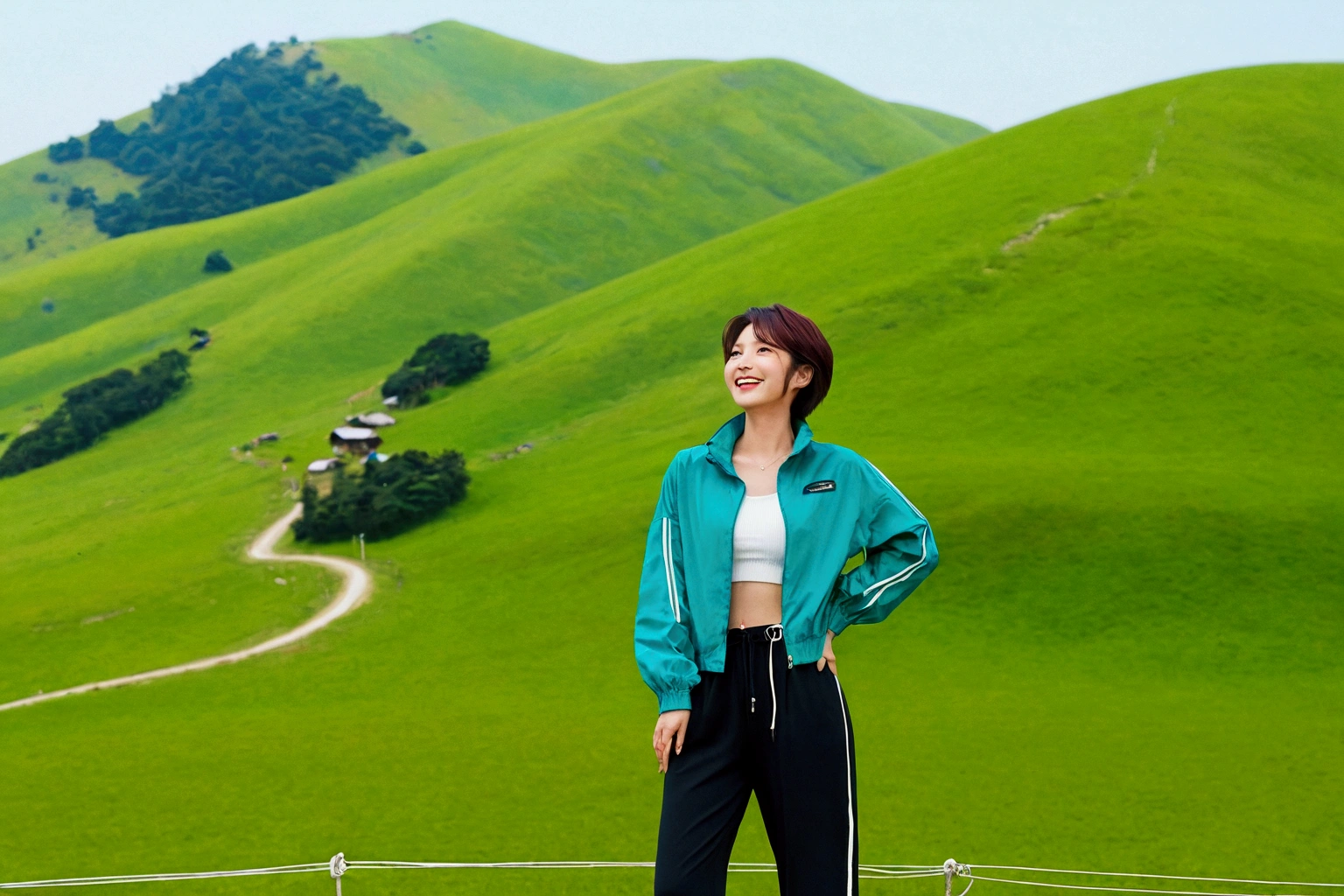 high quality, 1 woman, ((36 years old 건강한 한국 여성)), ((36 years old)), 1 woman, short, The eyes are big and beautiful. ((slim)), ((short medium hair)), laugh. pose: standing, luxury brand windbreaker jacket, casual pants, background: 1 woman, California, pasture, Cow, grass, Upper body shot with 35-70 lens, Look up to the side, 흰색 casual pants