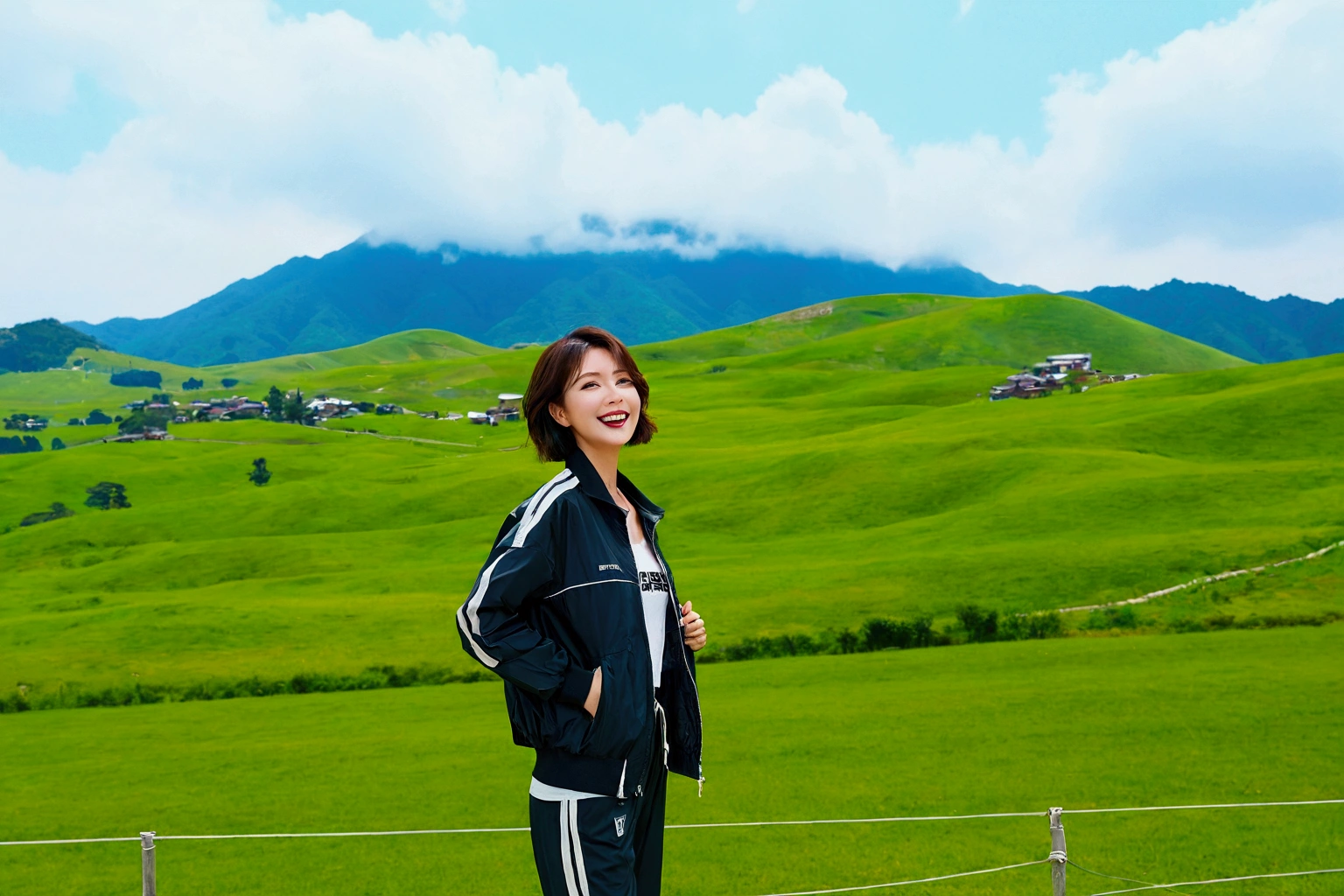 high quality, 1 woman, ((36 years old 건강한 한국 여성)), ((36 years old)), 1 woman, short, The eyes are big and beautiful. ((slim)), ((short medium hair)), laugh. pose: standing, luxury brand windbreaker jacket, casual pants, background: 1 woman, California, pasture, Cow, grass, Upper body shot with 35-70 lens, Look up to the side, 흰색 casual pants