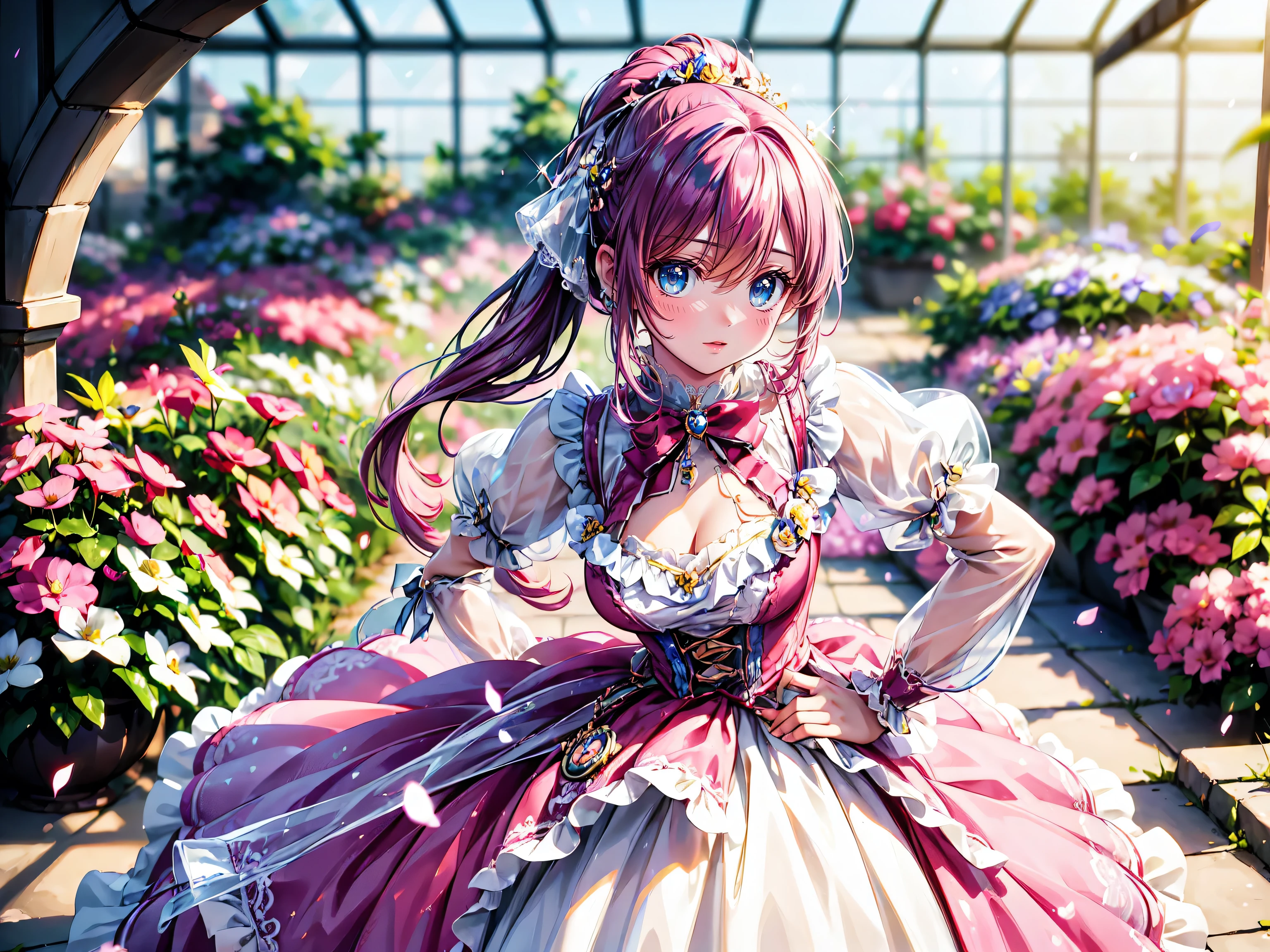 ((Masterpiece, ultra detailed, exquisite quality)), (anime moe art style:1.3), (((young face solo princess))), (((incredibly cute rococo victorian gown with long hems, voluminous princess style skirt, elaborate lace gown))), (huge breasts), breasts cleavage, ((hair pink hair)), ((fluffy long Expressive ponytail)), (leaning forward, looking up, from above, front view, facing at viewer:2), kawaii face, head tilt, shy smile, (face focus, eyes focus, blurry background, depth of field:2), (isometric 3D, octane render, ray tracing:1.5), backlighting, particle effect, (hyper detail delicate eyes, hyper beautiful eyes), (eyes blue eyes), (lot's of colorful flowers, sparkling glass classic greenhouse:1.5),