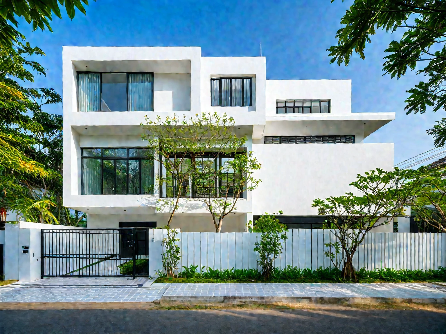 RAW photo , A white minimalism woodandwhite modern house with a double story and simple architecture, surrounded by trees in the yard of Vietnam, featuring a black metal gate and fence, landscape design, natural light, clear sky, blue background, high resolution photography, architectural photography, architectural appearance. The building has square windows made from white ceramic tiles, while the walls feature grid designs, There is also an entrance to another home nearby in the style of architectural photography, road, sidewalk, sidewalk trees, 8k uhd, dslr, soft lighting, high quality, film grain, Fujifilm XT3