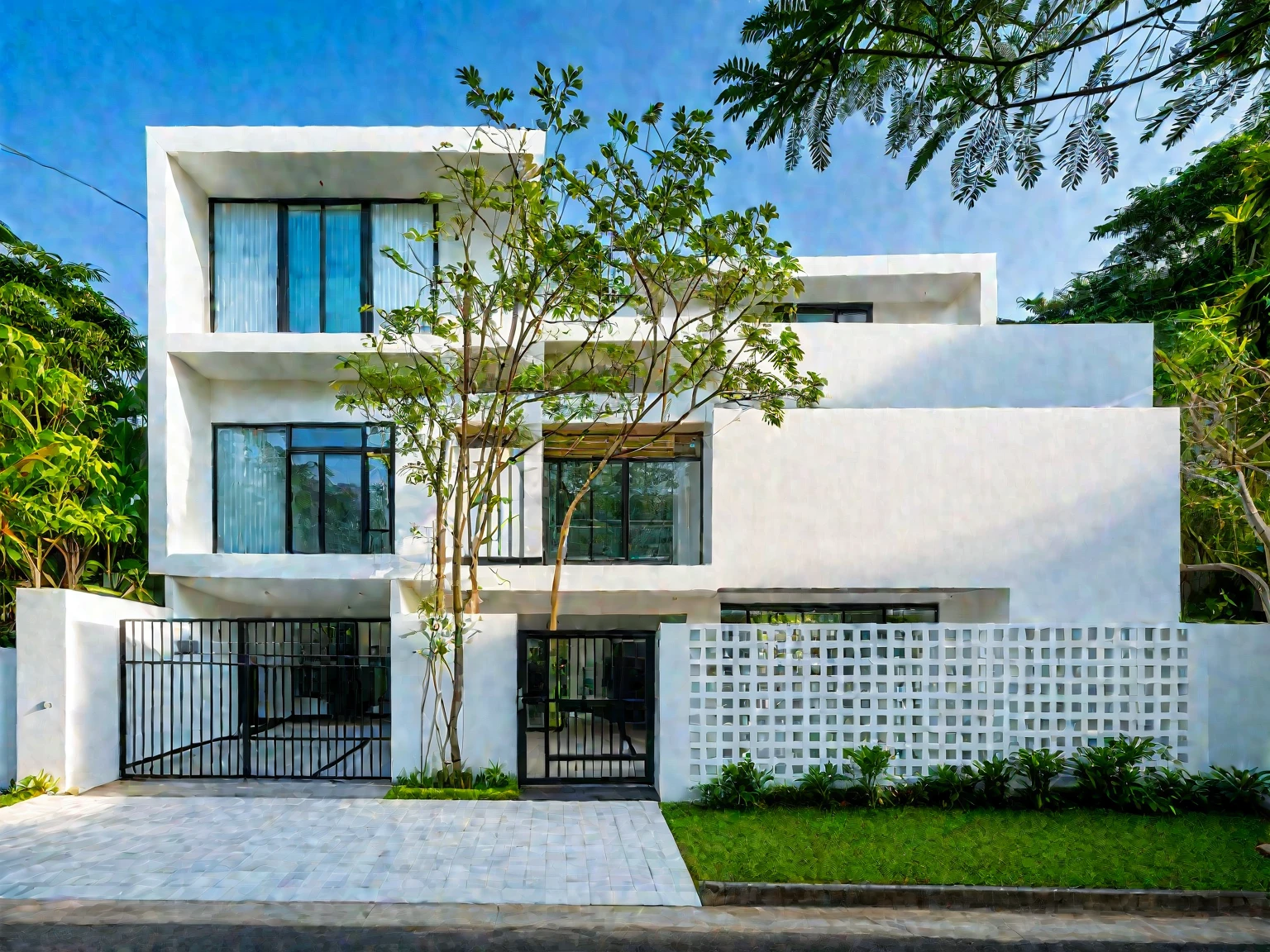 RAW photo , A white minimalism woodandwhite modern house with a double story and simple architecture, surrounded by trees in the yard of Vietnam, featuring a black metal gate and fence, landscape design, natural light, clear sky, blue background, high resolution photography, architectural photography, architectural appearance. The building has square windows made from white ceramic tiles, while the walls feature grid designs, There is also an entrance to another home nearby in the style of architectural photography, road, sidewalk, sidewalk trees, 8k uhd, dslr, soft lighting, high quality, film grain, Fujifilm XT3