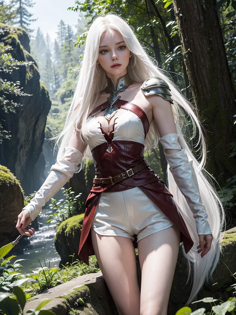 Long white hair, cate features, white skin, Fantasy world. Adventurer style with armor on the shoulder and arms (ruby). Ideal slim and delicate body in the form of an hourglass figure. In the forest. Armor on the shoulders and a magical cool sword on the hilt. High summer fantasy boots with rubies with stocking. Clothes are visible from head to toe. Leather skinny shorts.