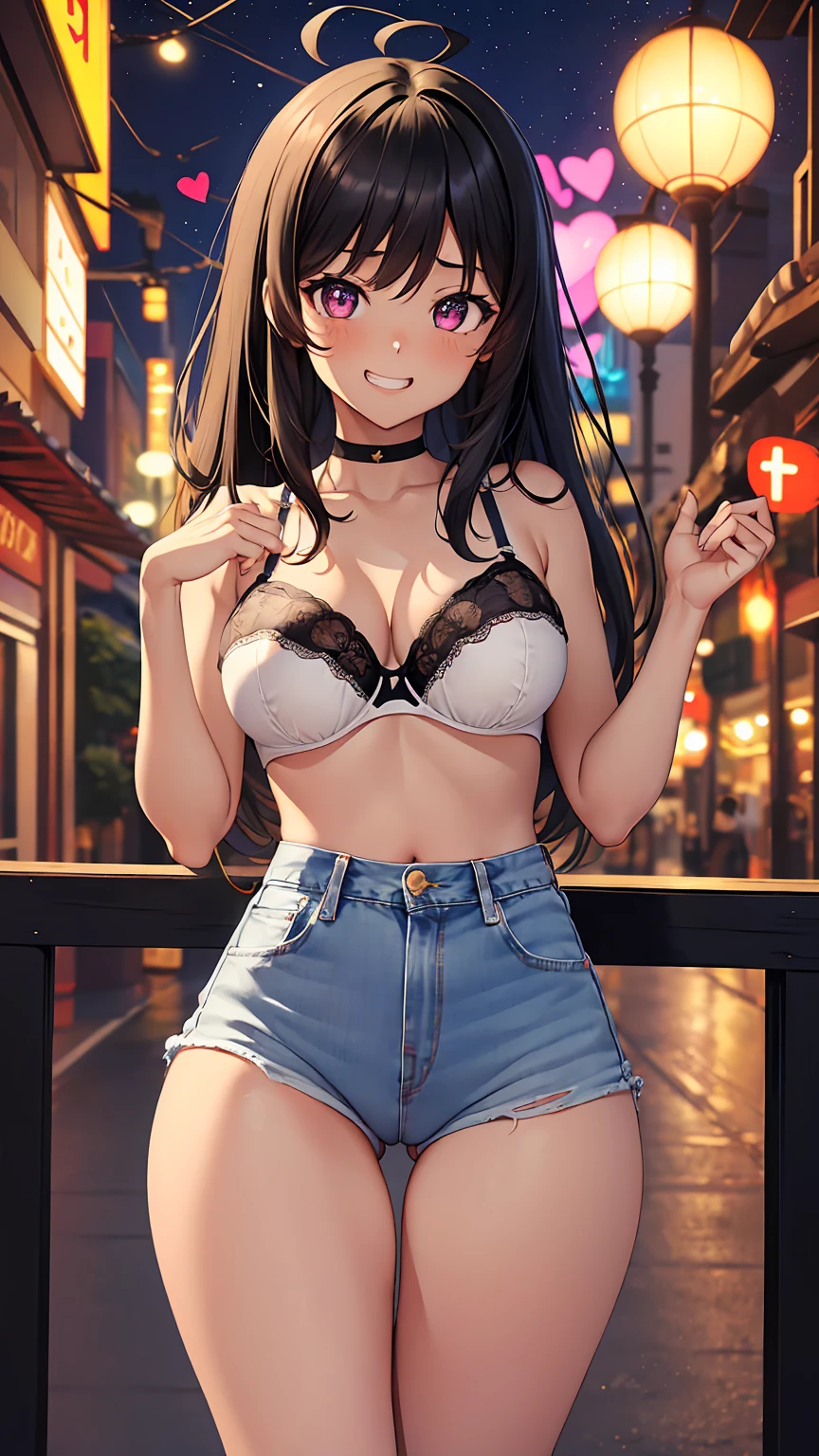 1girl, anime girl, anime, (dark skin), 2d girl, 16y, (fullbody), standing, anime girl, black eyes, (heart-shaped pupils), seductive grin, (ahoge, long hair, hime-cut hair, black hair), ((nipleless white bra, areolae, areola, areola exposed)), Solo, Slim, large breasts, big ,big Breasts, sfw, Tight Shorts, low waist shorts, upshorts, The night city background, moon, city lights, stars in the sky, looking at viewer, darker shadows, (((explicit))), (((shorts))), (((absurdres))), (((thigh gap))), cameltoe, (((cameltoe))), (((cleft of venus))), (((lowleg shorts))),