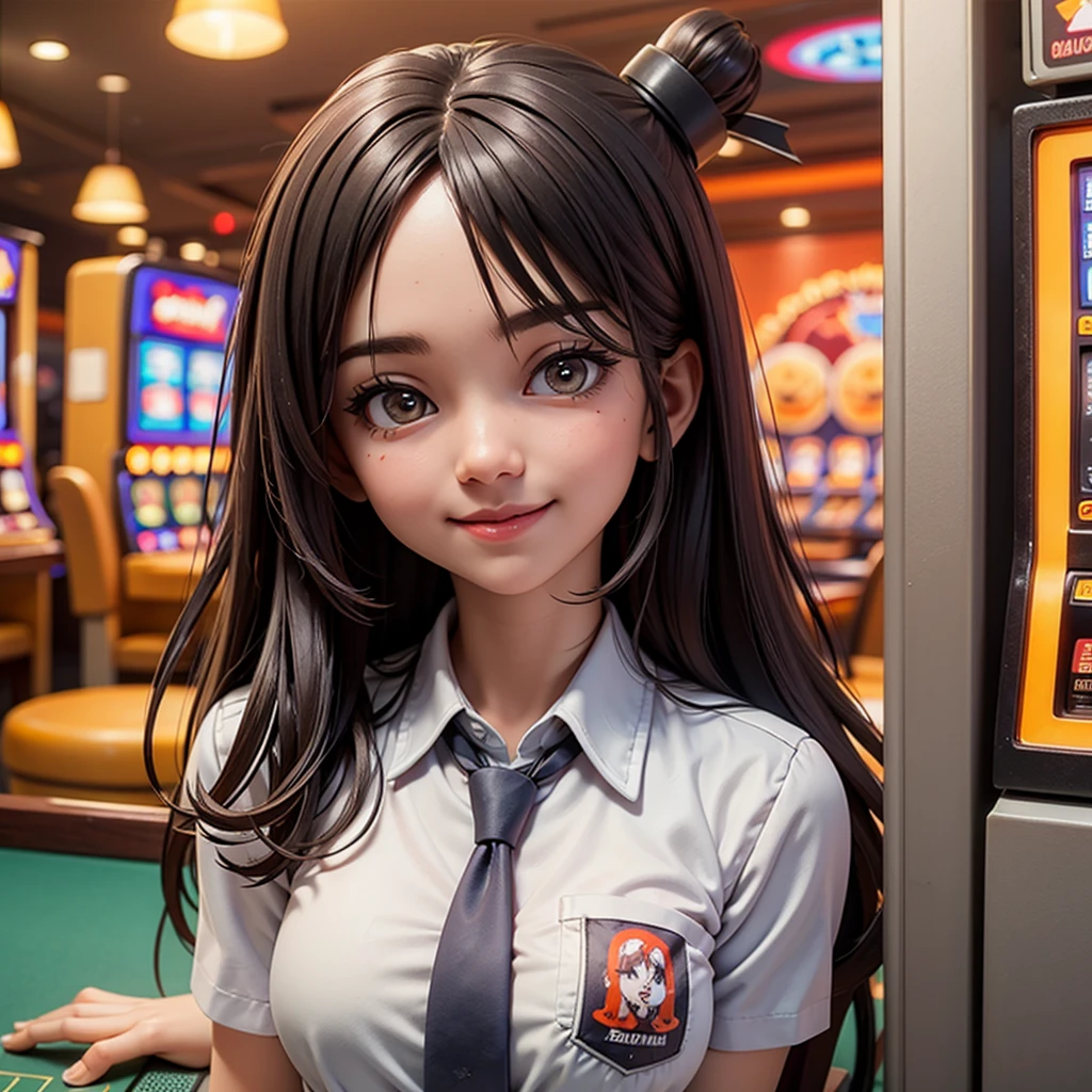 ((best quality)), ((masterpiece)), (detailed), happy and smile, {{indonesian girl}}, {wearing high school uniform}, teasing and waiting customer play, standing, playing in casino, red casino background, polite and kind, Sweet Face, roulette table, poker table, big slot machines right and left, win jackpot, {{no headwear, no hat}}, private casino, crowded gambling area in background, so crowded, so many people, las vegas, american, illusions, halloween casino, dont wear hat, no headwear, no hat, together with thailand and vietnam girl,