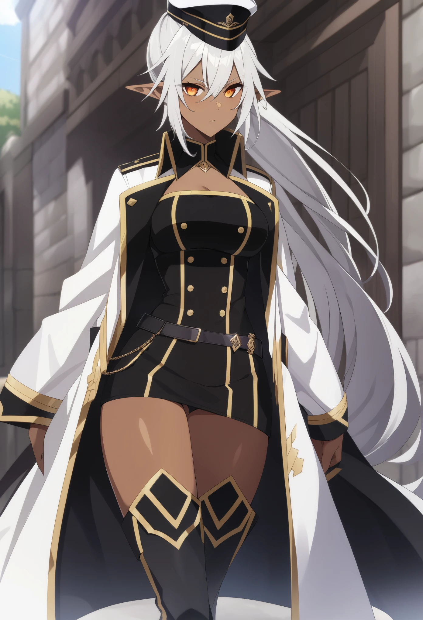 orange eyes,,((brown skin,dark elf,))grey hair,1lady,high ponytail, gold and black coat,jewelry,gold and black uniform,military hat,thigh boots,
