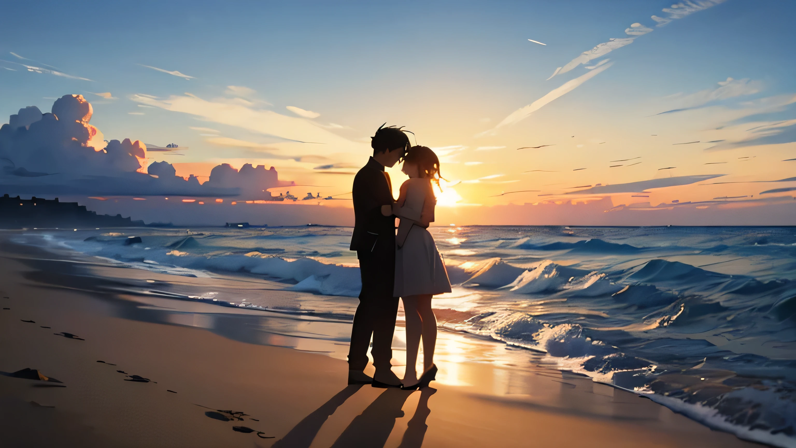 On the beach where the sunlight is dazzling、Silhouette of man and woman meeting