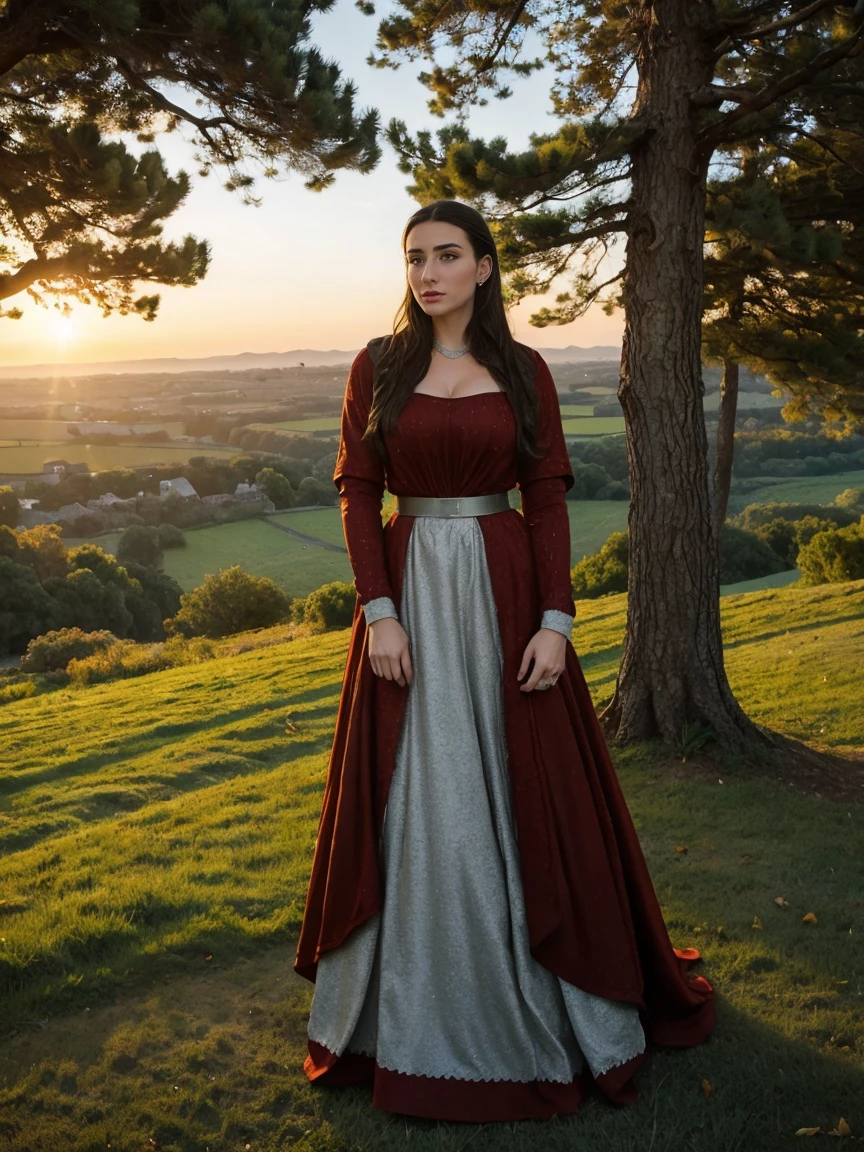 Gorgeous and sultry busty athletic (thin) brunette queen with sharp facial features wearing a modest updo, dark red medieval dress, long sleeves, intricate patterns, scrollwork, wide neck, crown, veil, long dress, modest dress, tight bodice, silver belt, (waist chain), medieval jewelry, Middle Ages, castle, rampart, wall, exterior, on top of a castle wall, trees, countryside, evening, sunset.