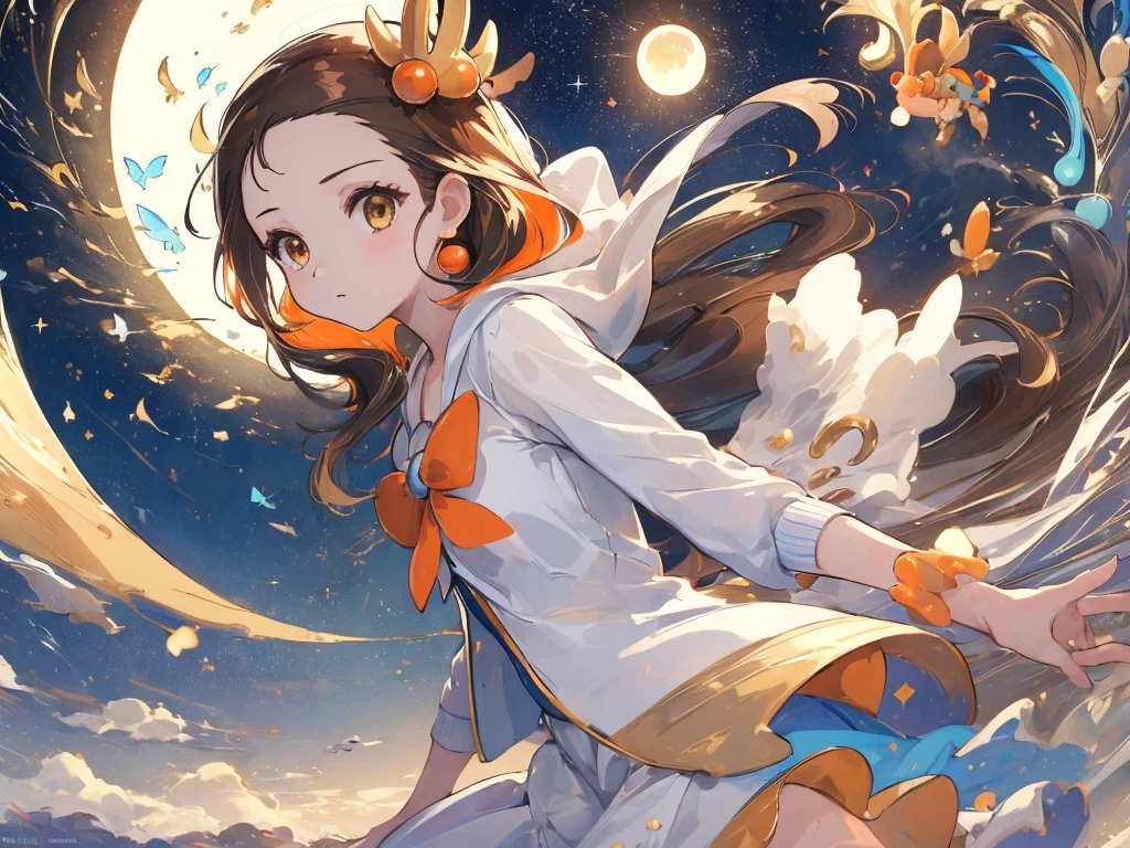 (masterpiece, Highest quality:1.2), Very detailed,Bright colors, 4K,Break 1 Girl,alone, jasmine \(Pokemon\), Princess Dress, White jacket, Round orange ribbon, Brown eyes,Shining Moon,Shining Background
