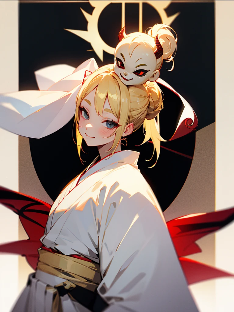 Demon mask, blonde hair in a side chignon, smiling, white kimono, cute
