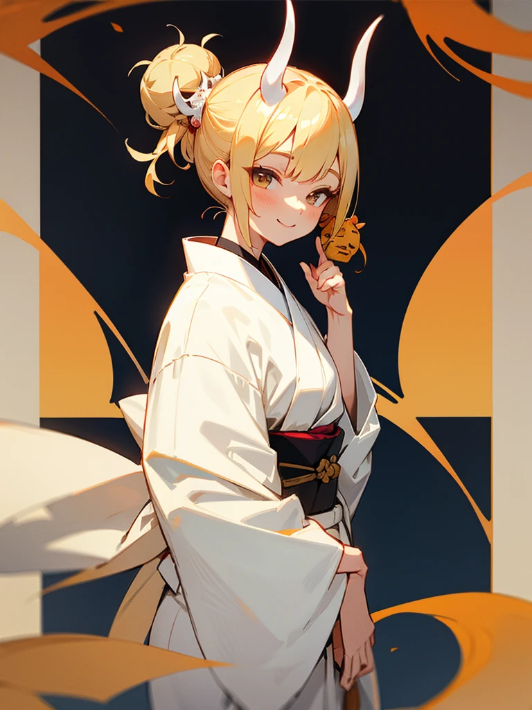 Demon mask, blonde hair side chignon, smile, white kimono, cute 