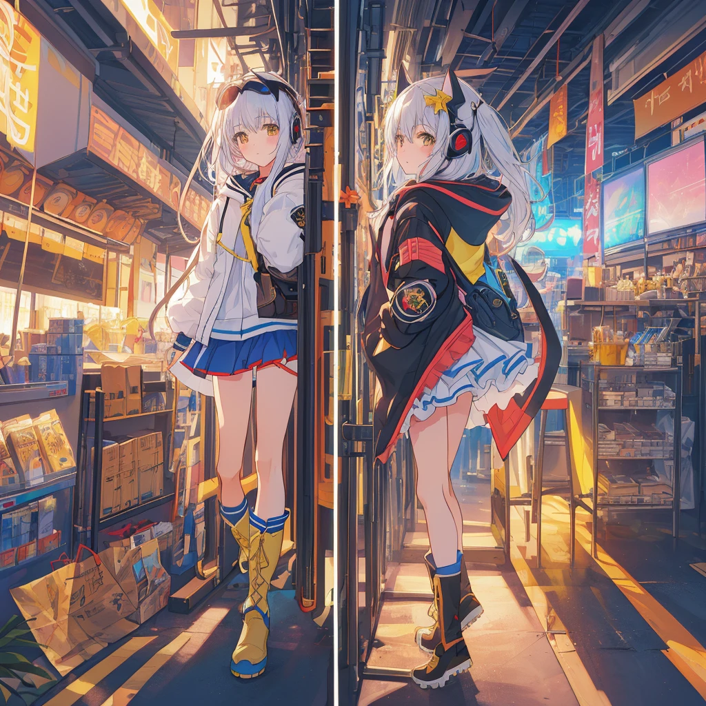 1girl,(((Highest quality、Masterpiece、Official Art、The best dynamic composition、Super detailed)))、Anime Magical Girl、cyber punk、巨大なかわいい💛型の魔法の杖、Cloak with hood、Headphones on head、アイドルの服なのにcyber punk、White long boots、A pouch for holding test tubes on the waist、❤💛、
