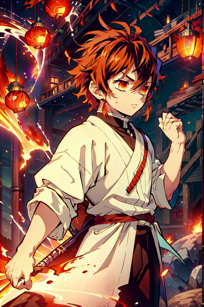 1.5, best quality, high quality, High definition, High quality texture, high detail, beautiful detailed, finely detailed, extremely detailed cg, detailed texture, 1man, boy, male, ((demon slayer)), rust colored hair, short hair, mullet, shaggy hair, hashira, ((fiery haori)), field of spider lilies, orange eyes, mature, powerful, confident stature, flame hashira
