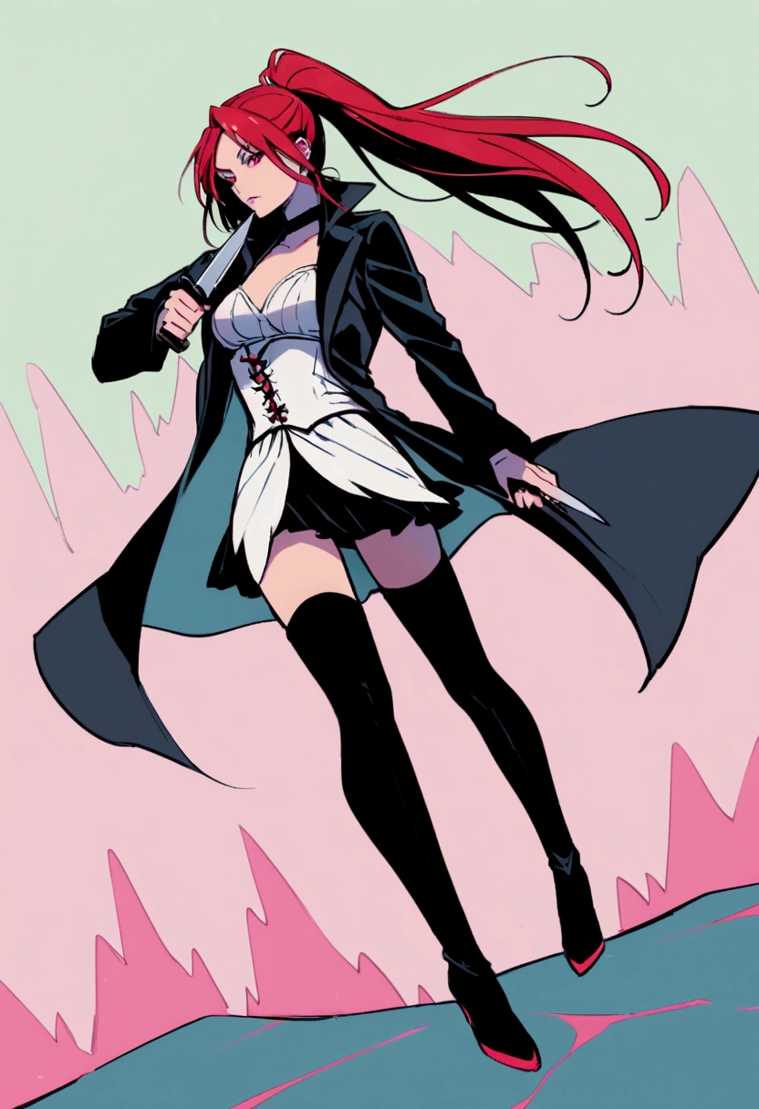 Rogue human woman, with red hair and black streaks, long high ponytail, white corset, black mini skirt, black thigh high boots, black jacket, holding a knife, full body