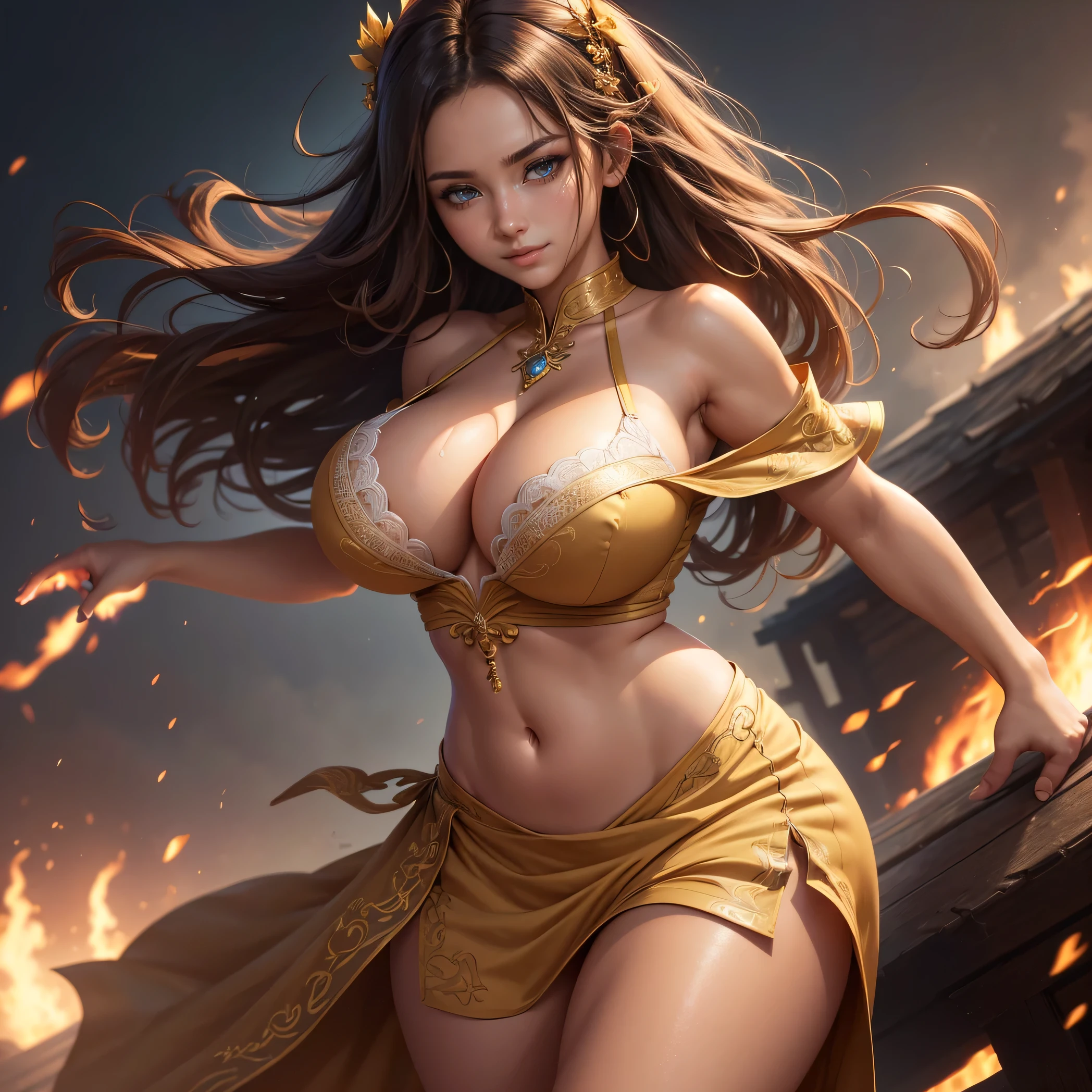 Highly detailed CG unit 8K wallpaper, masterpiece, High resolution, highest quality, highest quality real texture skin, Super Real, Digital Painting, Best image quality, 最High resolution, 8K, Very beautiful teenager, ((Highly detailed eyes and face)), Beautiful eyes every detail, Full Body Shot, Off the shoulder, long skirts, dress, chinese style embroidery, ((disproportionate , , sagging , Cleavage, , Saggy , Gravity-dependent , long , Heavy ,  )), (((tanned skin, sideboobs))), slender, smile, grin, Strong winds, typhoon, light brown hair, , ,