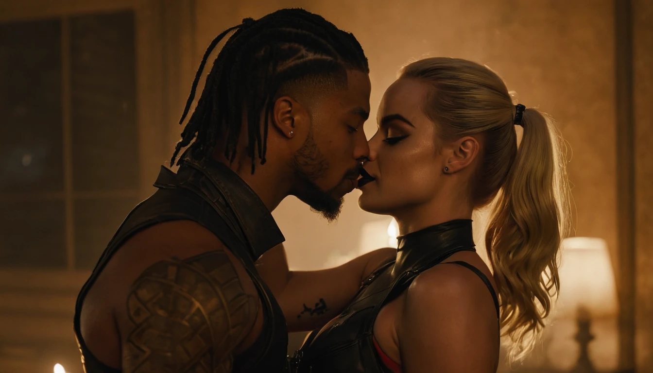 Michael B. Jordan as Erik Killmonger and Margot Robbie as Harley Quinn share a steamy kiss inside a bedroom lit only by candlelight. Margot has lovely makeup on her face. Nighttime. Romantic ambiance. Symmetrical eyes. Symmetrical faces. Lovely details. Photorealistic. Full-colored photo. Professional photo. Highly detailed 8K.