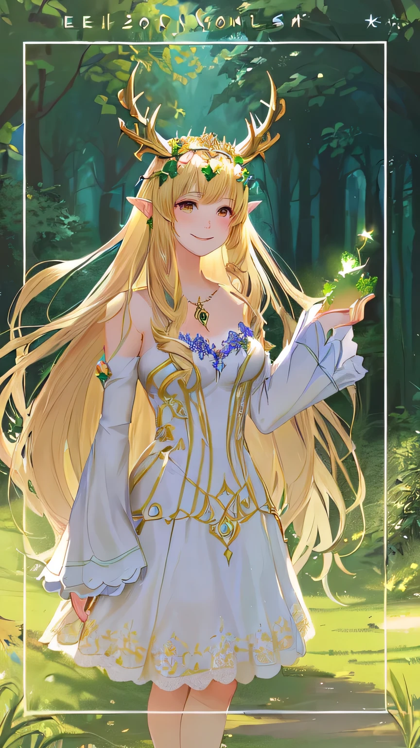 a cartoon picture of a girl in a dress with horns, smiling as a queen of fairies, elf princess, fey queen of the summer forest, anime in fantasy style, ((a beautiful fantasy empress)), an elf queen, forest soul, elven princess, goddess of the forest, shadowverse style, portrait of a forest mage, elfic priestess