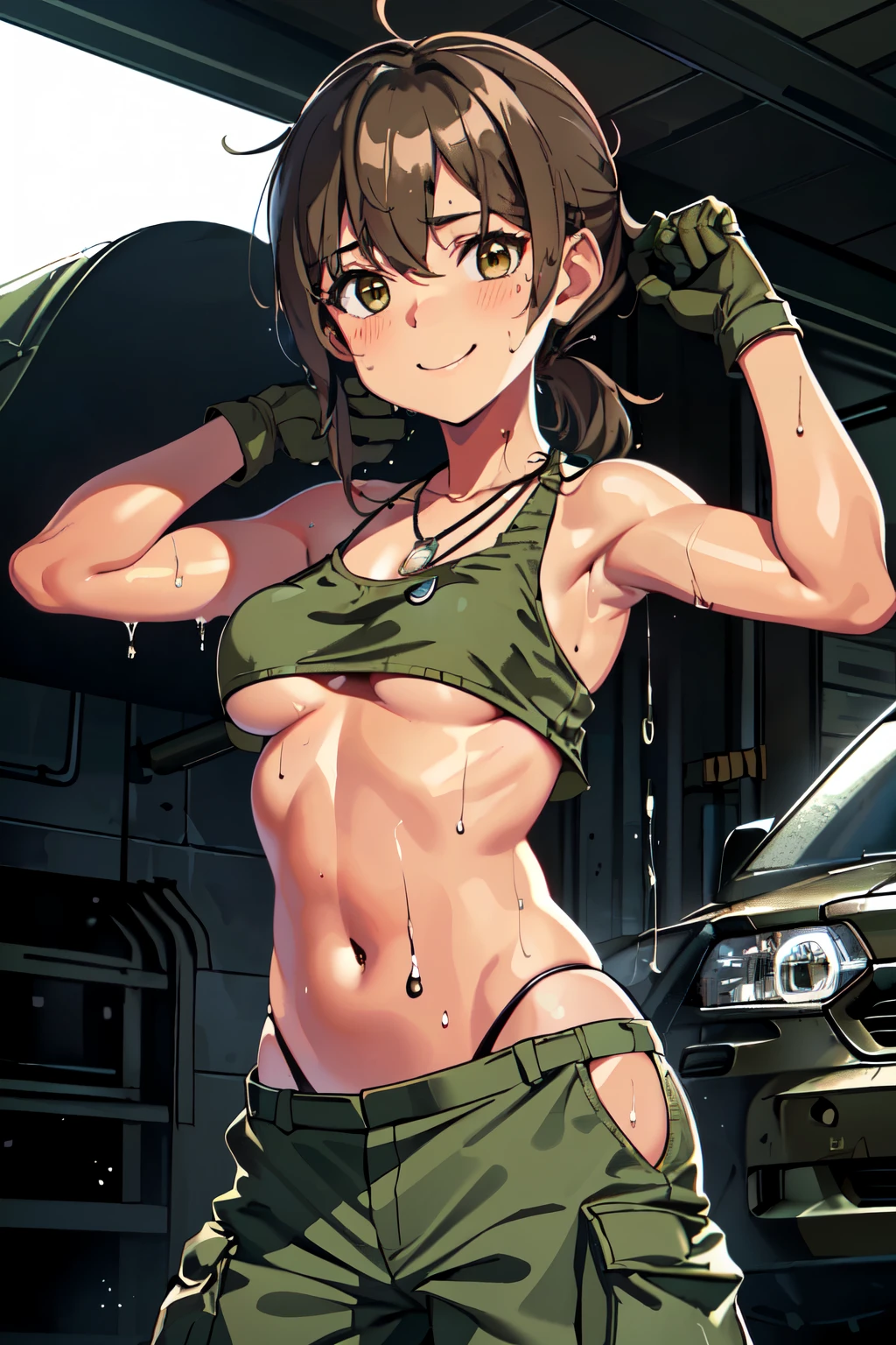 best quality, masterpiece, 1 mechanic girl, smiling, (wearing bikini-top, khaki cargo pants:1.4), gloves, (light brown ponytail hair with bangs:1.3), (sweating a lot:1.4), (contrapposto:1.3), (small breast, cleavage, underboob:1.2)