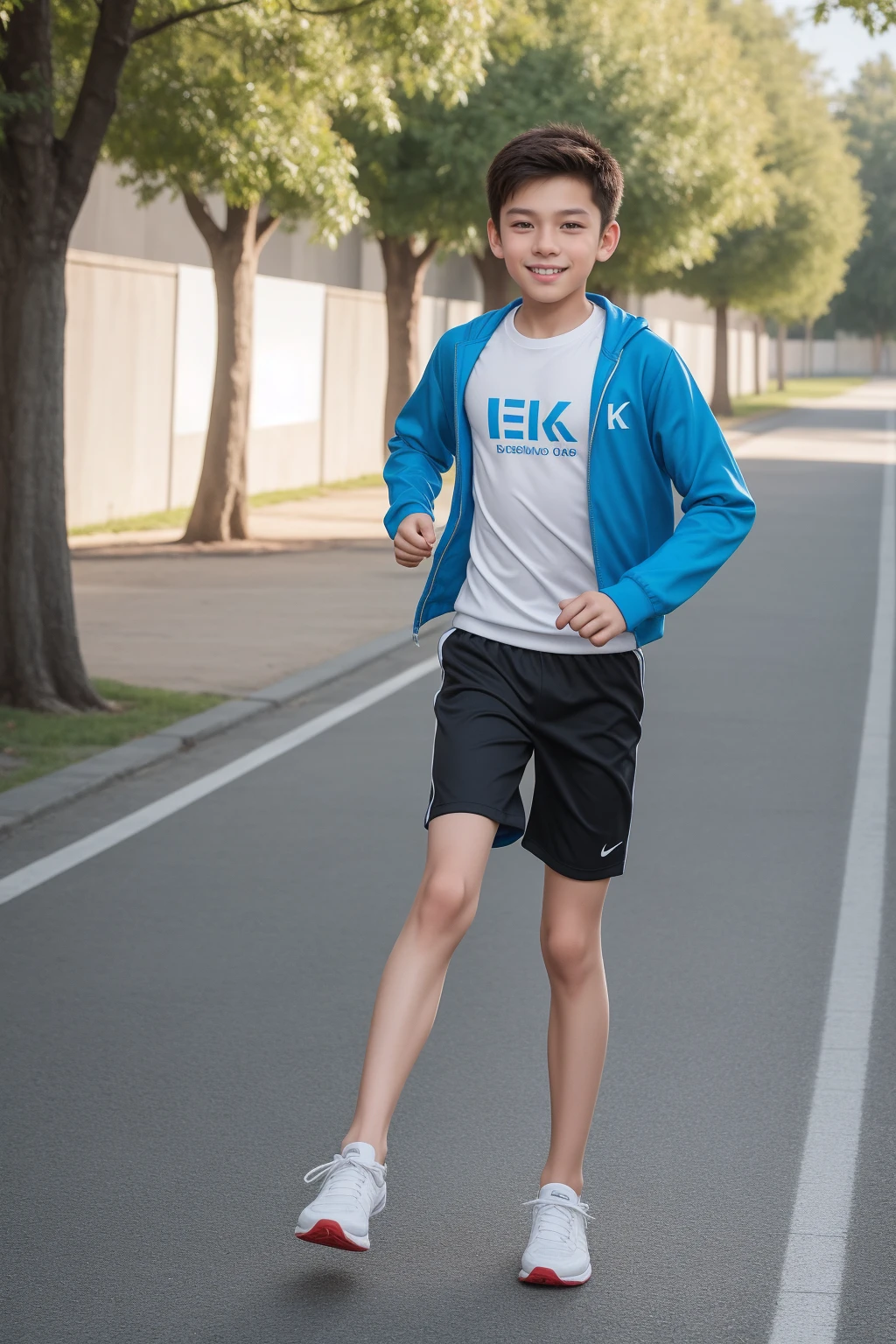 -yeld bomile，Spread your white and slender legs，jogging，full body，8K facial features are exquisite，Handsome boyish feeling，8k，masterpiece,((best quality)),photography,photograph
