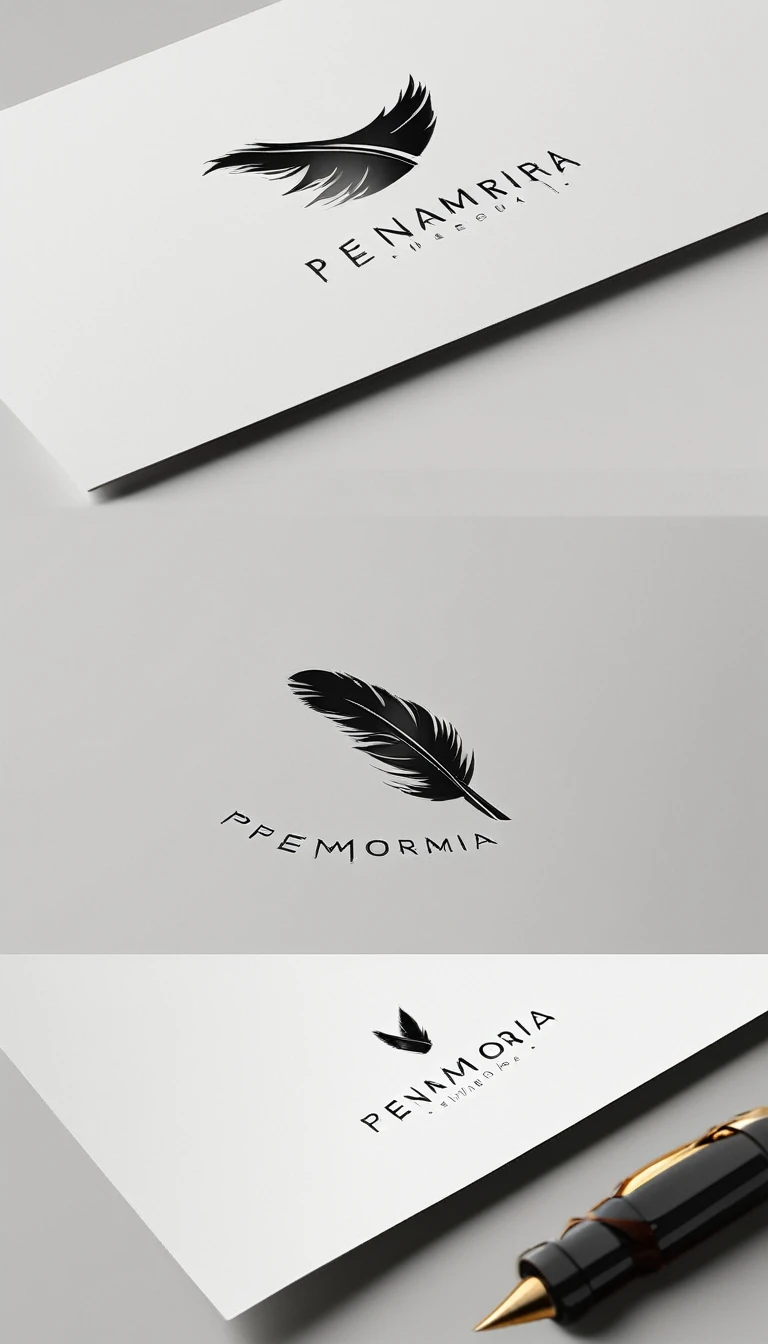 A minimal, modern, simple, cinematic logo design for the brand “Penamemoria". Create a modern, minimalistic, high-quality, logo of a bird feather